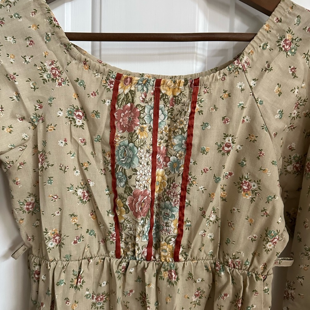 Vintage 1970's Boho Mini Prairie Dress Tunic Top Cream Floral Print Sz xs /child - Picture 4 of 14